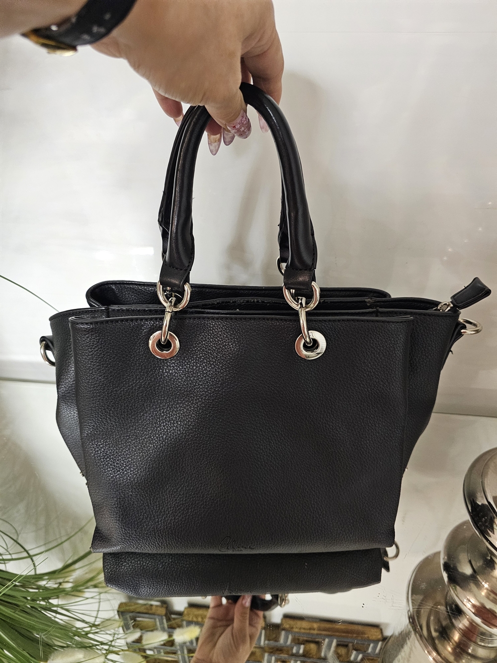 Structured Black Leather-Look Shoulder Bag with Silver Hardware